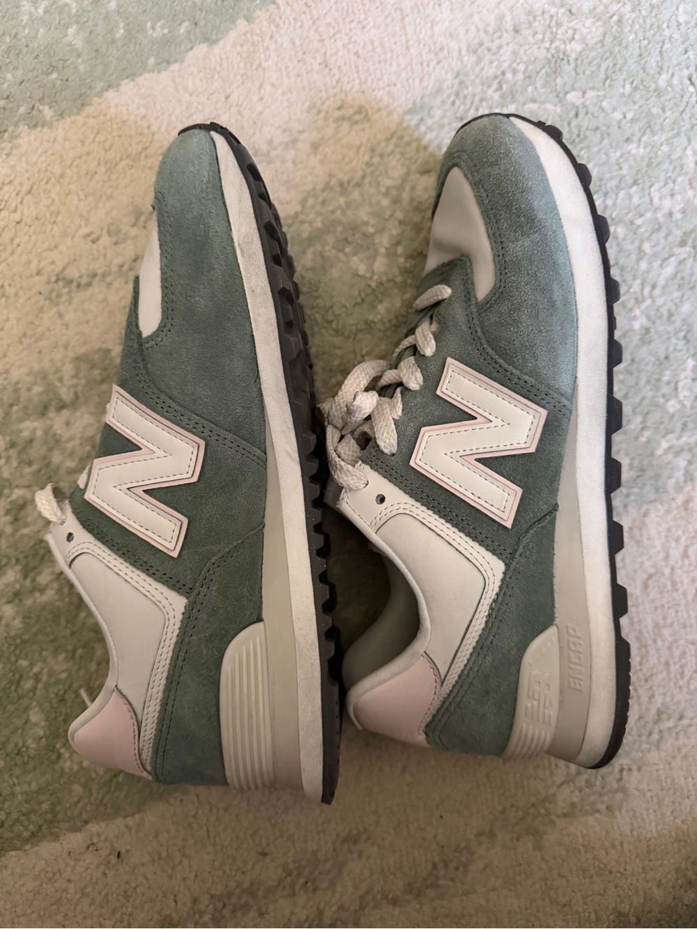 New Balance 574 Core Dark Juniper Sage Green & Light Pink Suede Sneakers